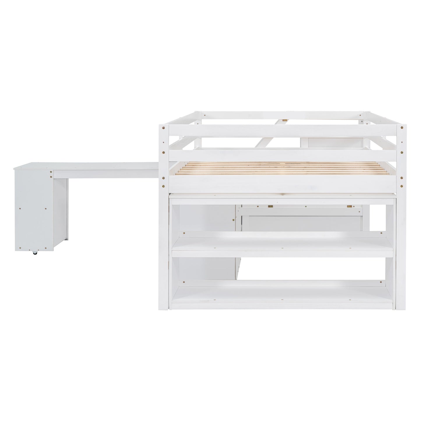 Full Size Loft Bed With Retractable Writing Desk And 3 Drawers With Storage Stairs And Shelves - White