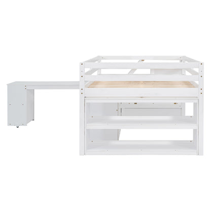 Full Size Loft Bed With Retractable Writing Desk And 3 Drawers With Storage Stairs And Shelves - White