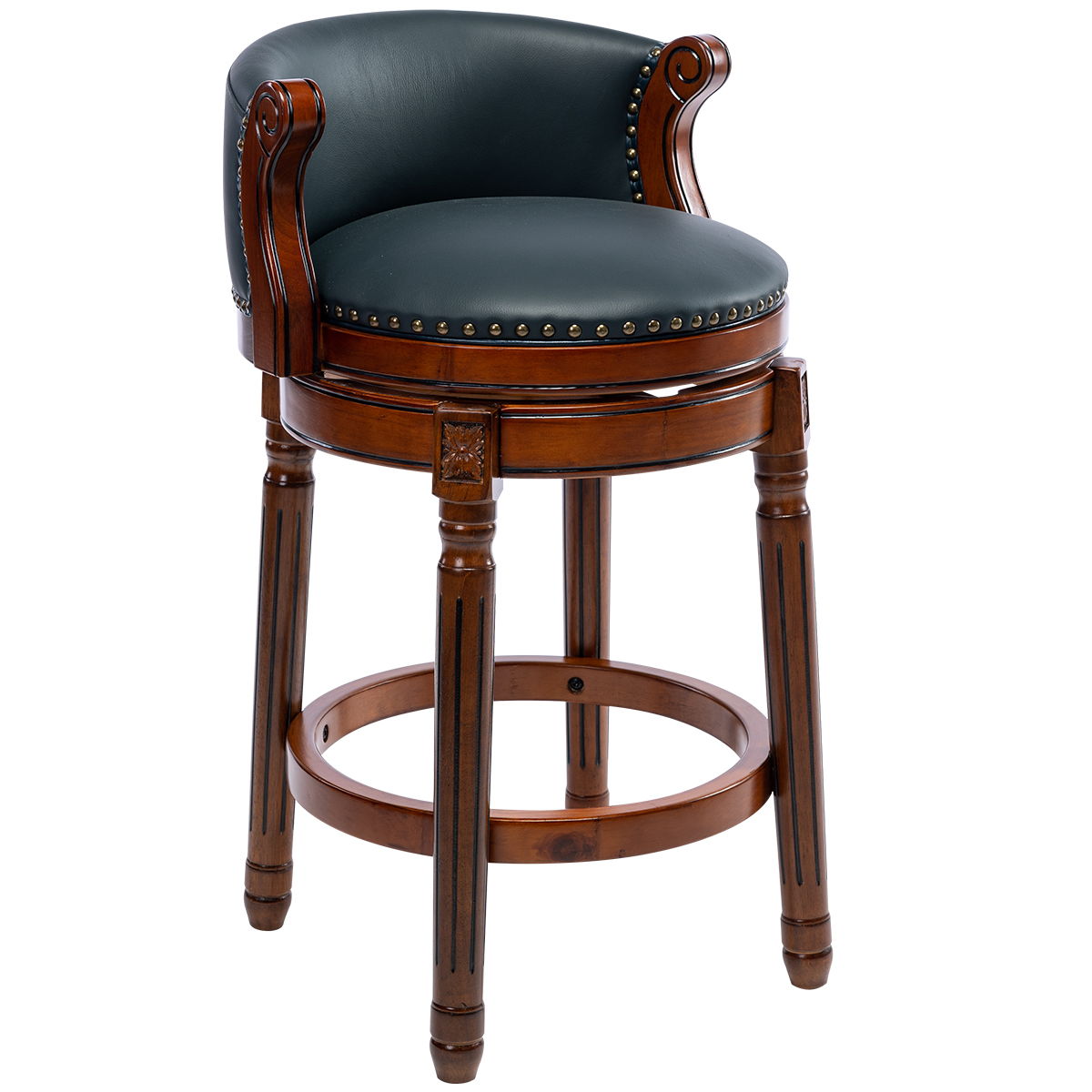 Seat Height 26'' Cow Top Leather Wooden Bar Stool, 360 Degree Swivel Bar Height Chair With Backs For Home Kitchen Counter - Blue