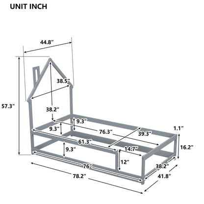 Twin Size Wood Bed With House-Shaped Headboard Floor Bed With Fences - Gray