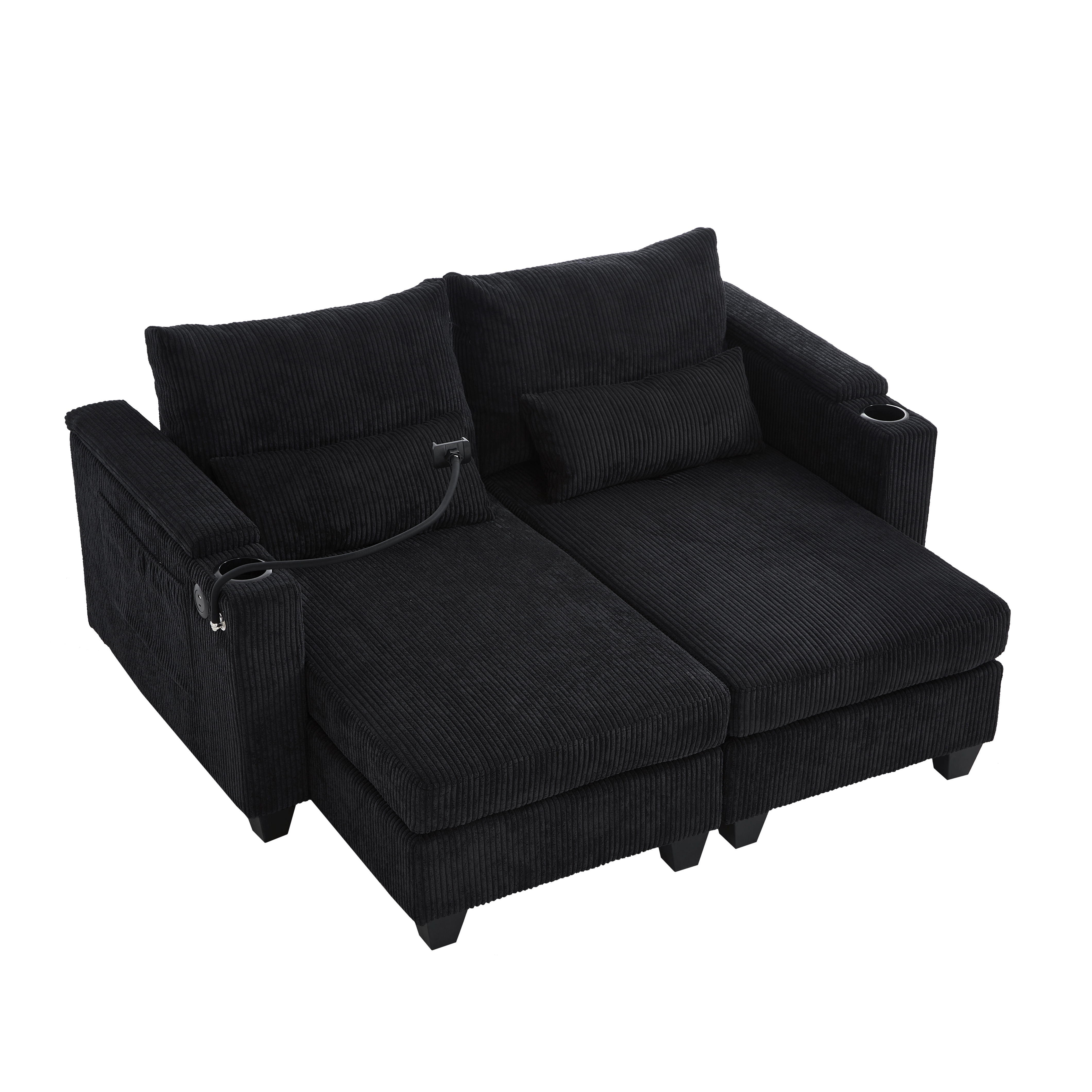 Convertible Chaise Lounge Loveseat Sofa Bed With USB Ports, Cup Holders, Phone Holder & Storage - Black