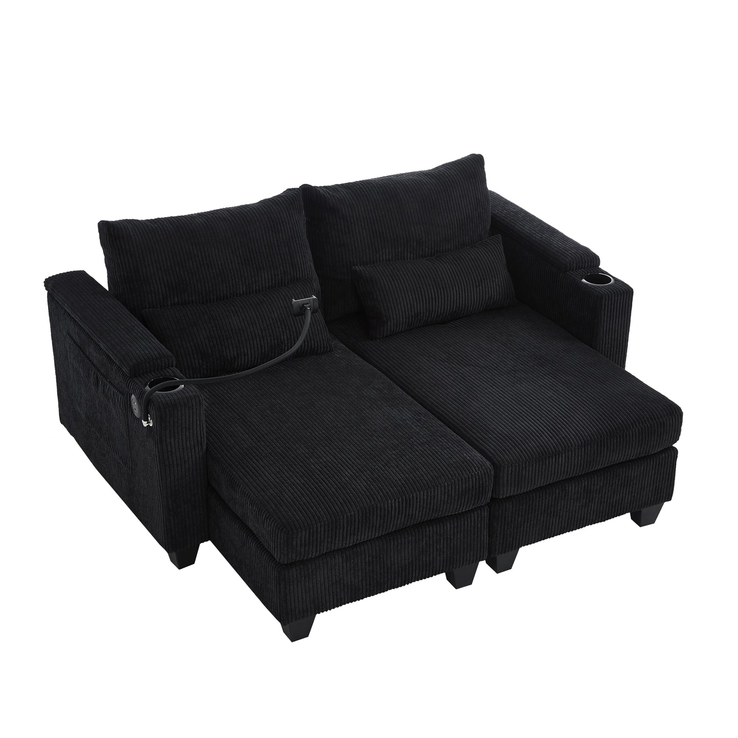 Convertible Chaise Lounge Loveseat Sofa Bed With USB Ports, Cup Holders, Phone Holder & Storage - Black
