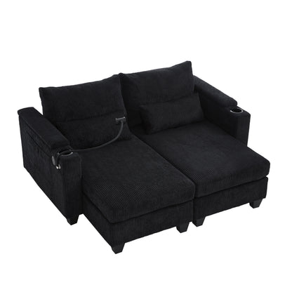Convertible Chaise Lounge Loveseat Sofa Bed With USB Ports, Cup Holders, Phone Holder & Storage - Black