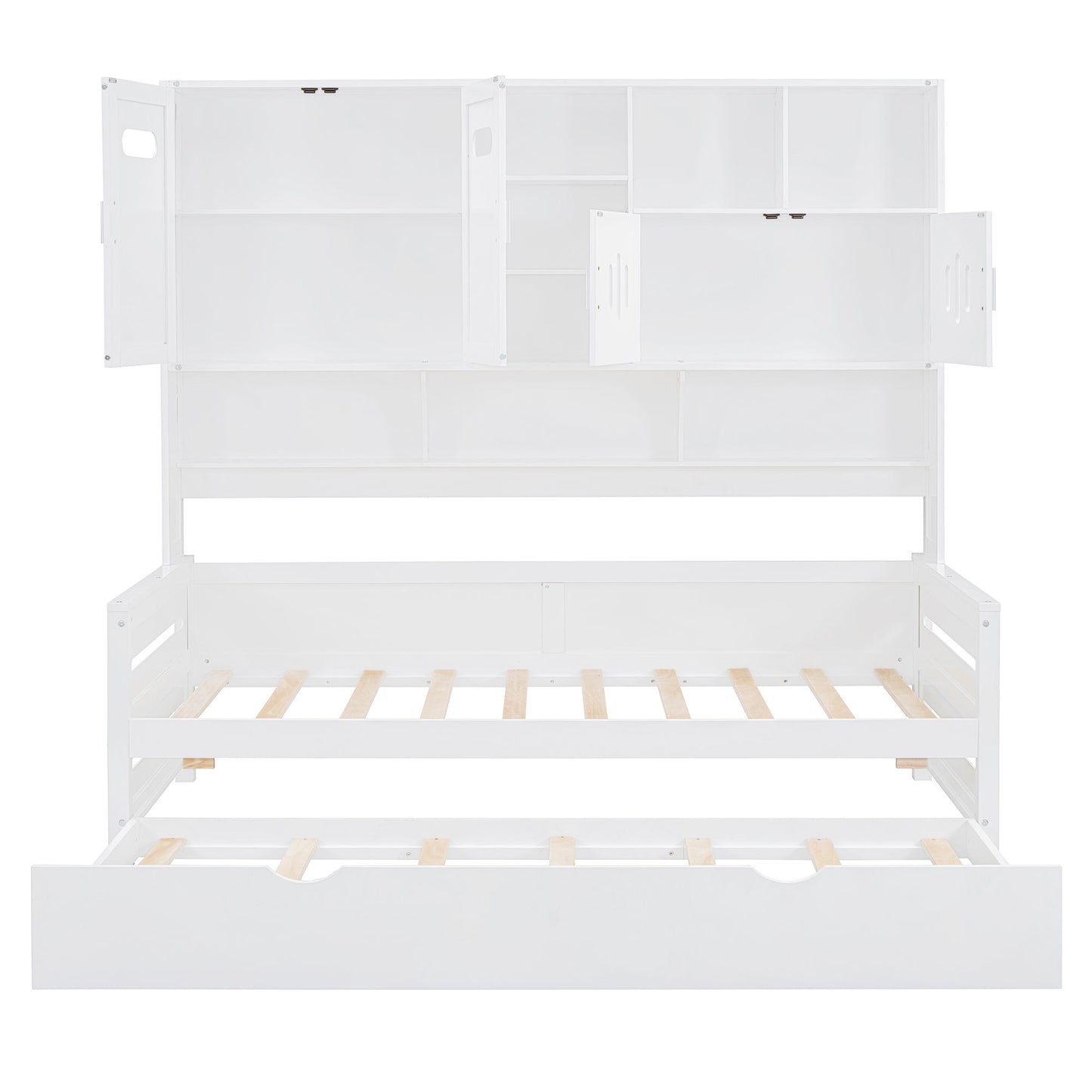 Twin Size Wooden Daybed With Twin Size Trundle, And All In One Cabinet And Shelf - White