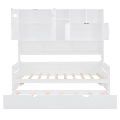 Twin Size Wooden Daybed With Twin Size Trundle, And All In One Cabinet And Shelf - White