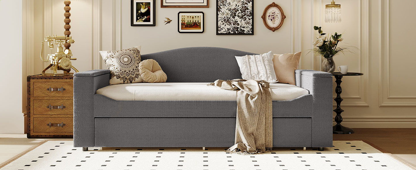 Twin Size Upholstered Daybed With Storage Armrests, Trundle And Latest Integrated Bluetooth Audio System - Gray