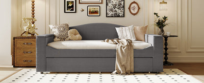 Twin Size Upholstered Daybed With Storage Armrests, Trundle And Latest Integrated Bluetooth Audio System - Gray