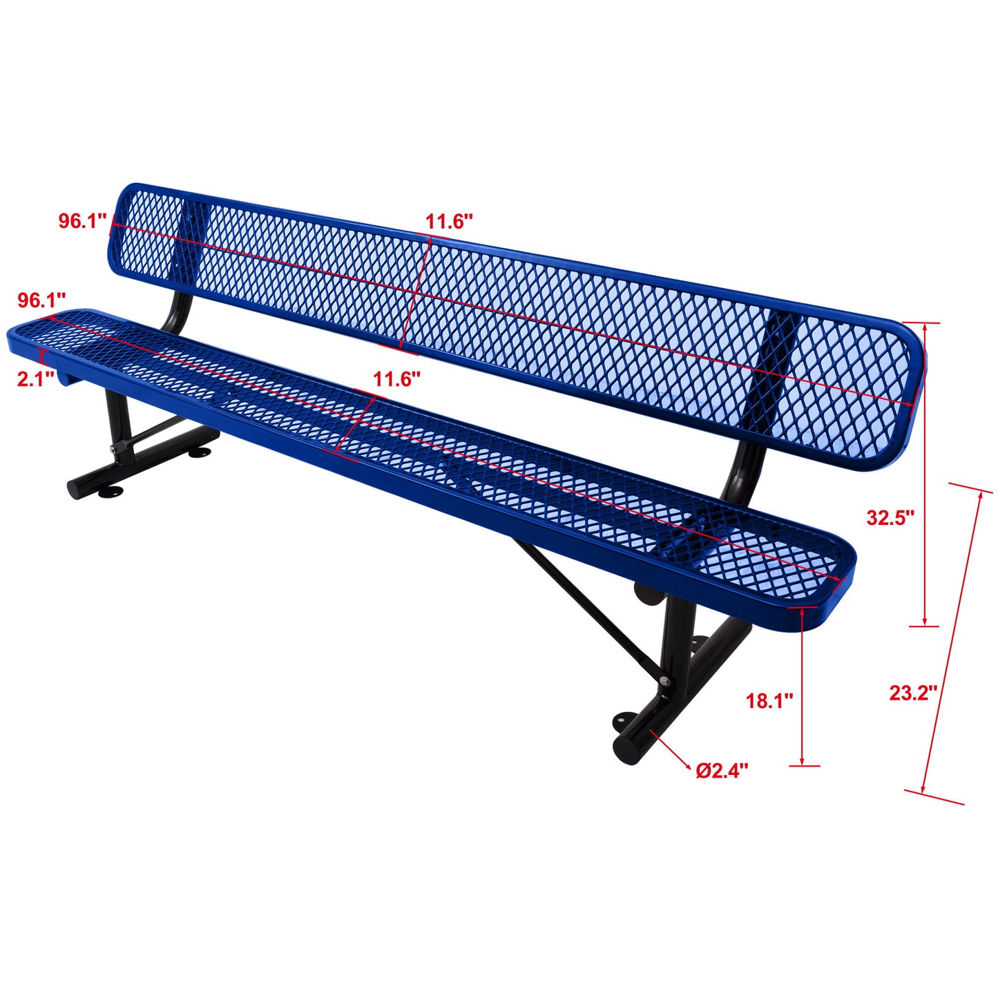 8' Outdoor Steel Bench With Backrest - Blue