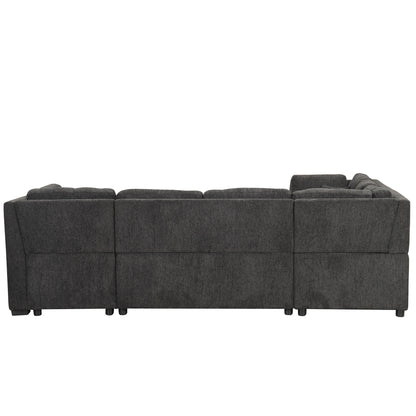 U-Shaped Sectional Sofa Pull Out Sofa Bed With Two USB Ports, Two Power Sockets, Three Back Pillows And A Storage Chaise For Living Room - Black