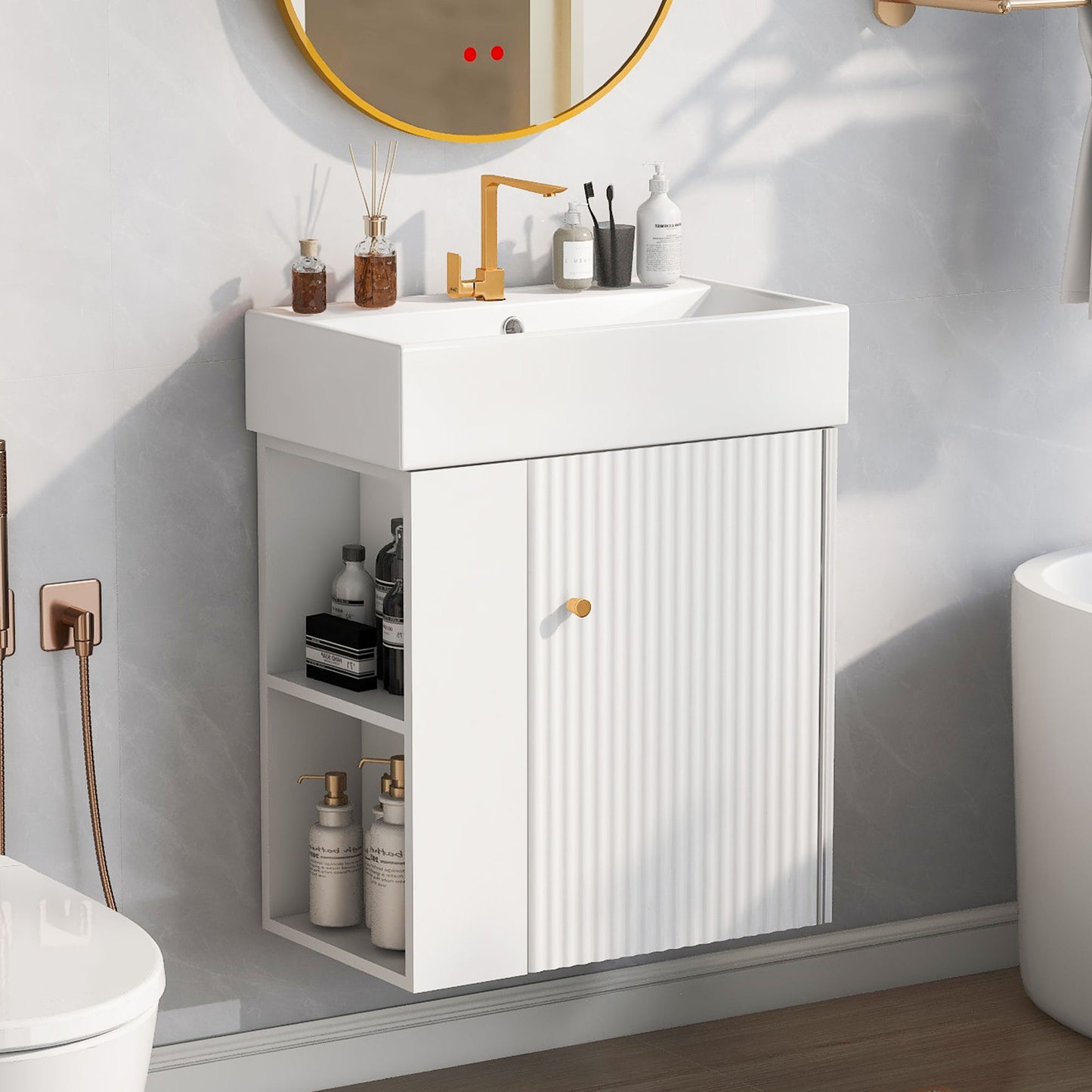 Modern Floating Bathroom Vanity With Ceramic Basin Perfect For Small Bathrooms, Left Side Storage - White