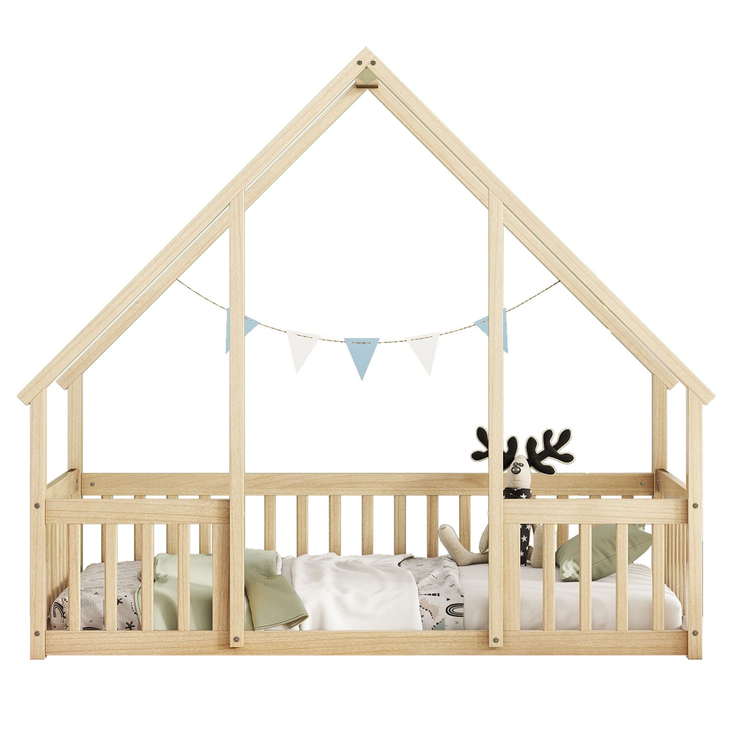 Twin Wood House-Shaped Floor Bed With Fence, Guardrails - Natural