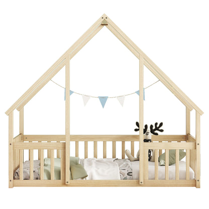 Twin Wood House-Shaped Floor Bed With Fence, Guardrails - Natural