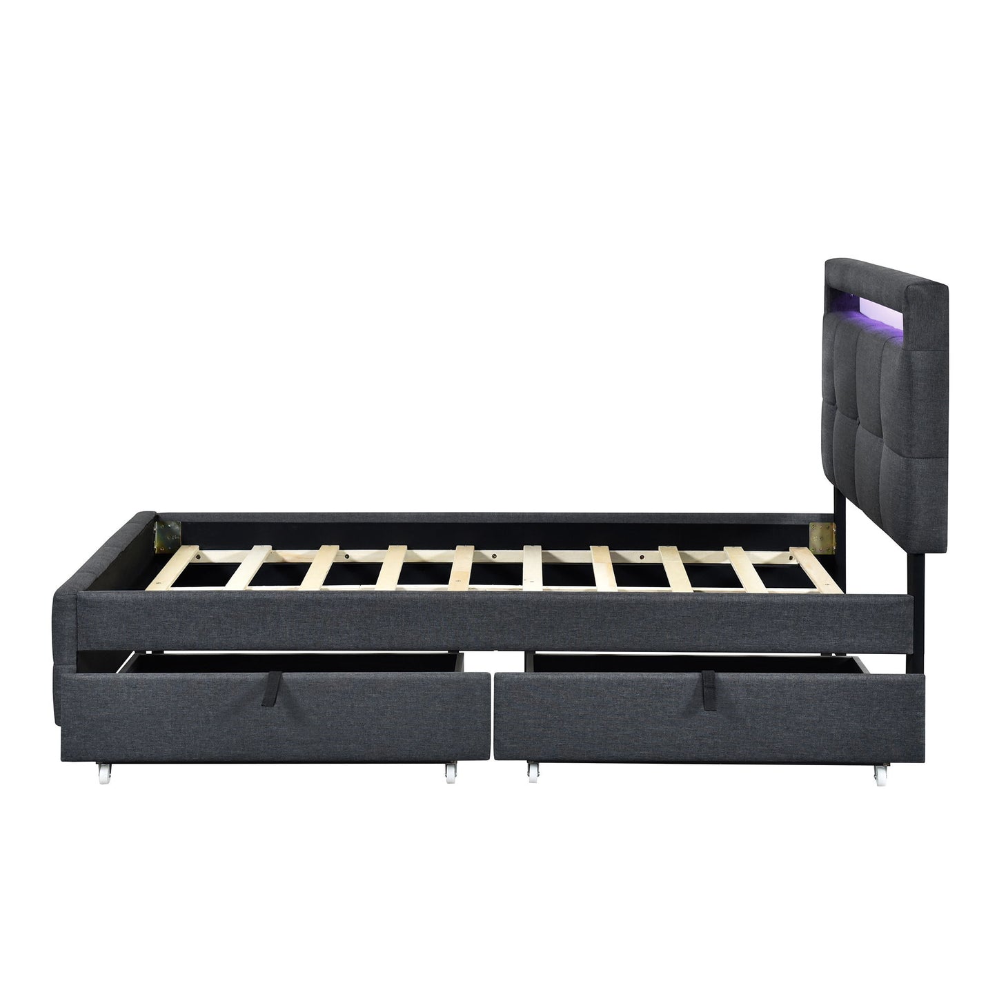Twin Size Upholstered Platform Bed With LED Frame And 2 Drawers - Gray