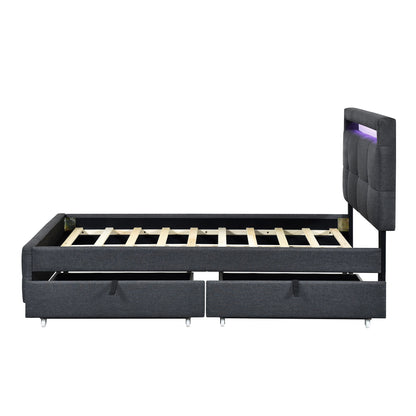 Twin Size Upholstered Platform Bed With LED Frame And 2 Drawers - Gray