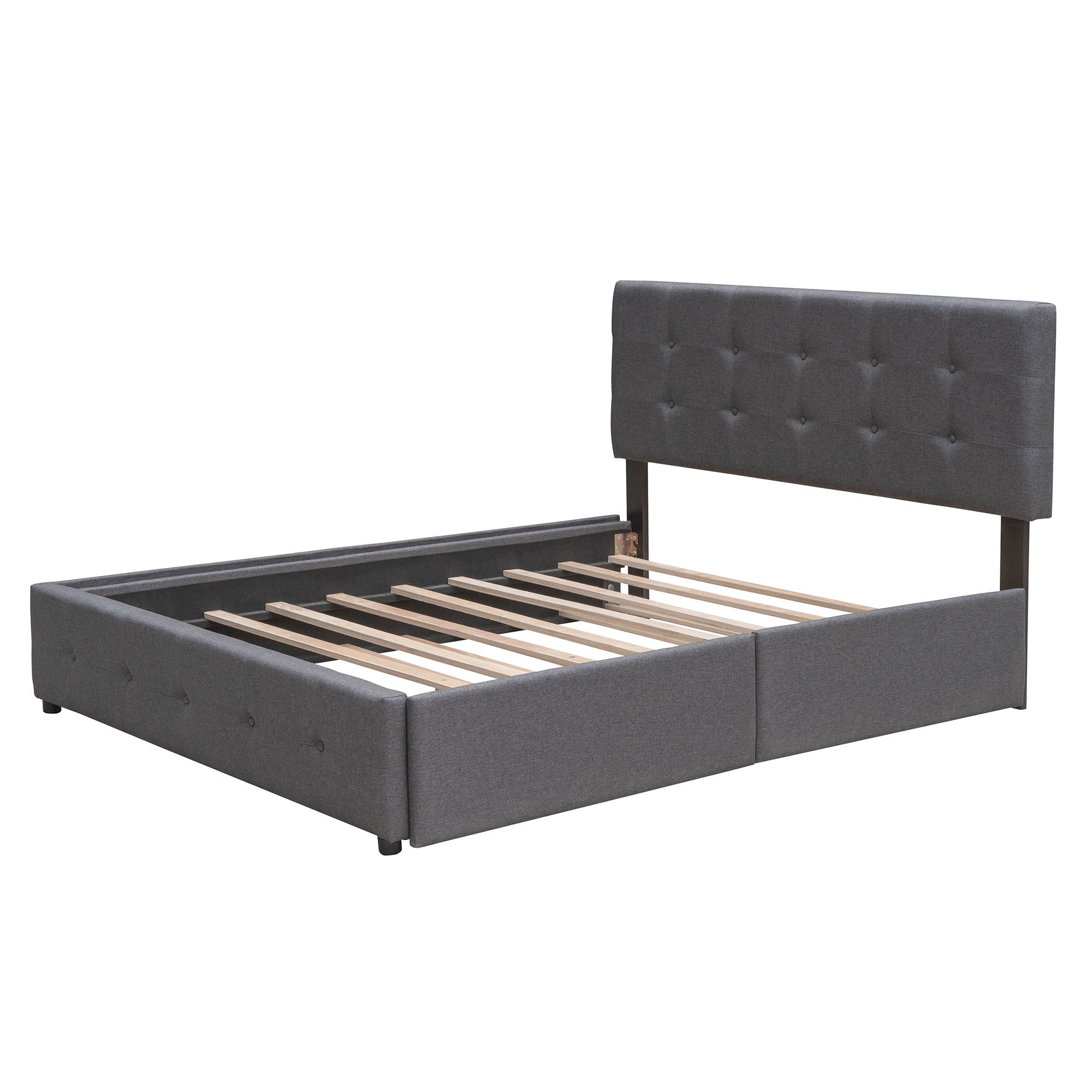 Queen Size Upholstered Platform Bed With 2 Drawers And 1 Twin Long Trundle - Dark Gray