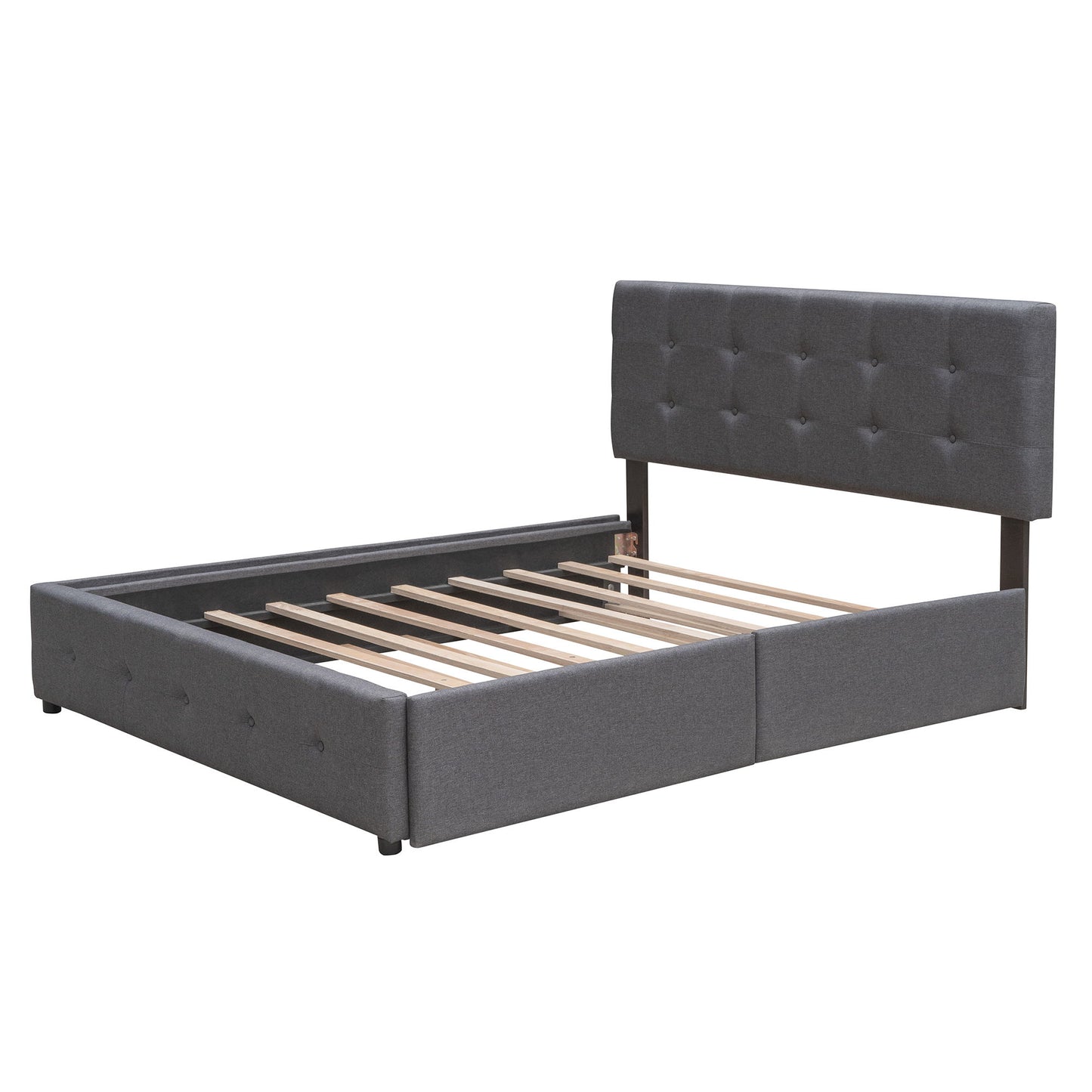 Queen Size Upholstered Platform Bed With 2 Drawers And 1 Twin Long Trundle - Dark Gray