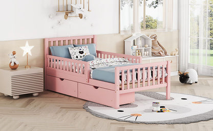 Twin Size Platform Bed With Guardrails On Both Sides And 2 Storage Drawers - Pink