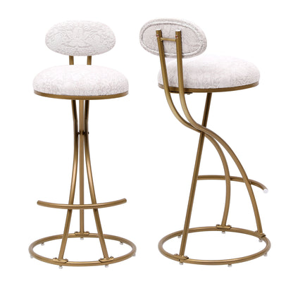 Modern S Shaped Bar Stools (Set of 2) With Backrest Floral Print Upholstered Dining Chairs Counter Height For Kitchen Island - Gold & White Print