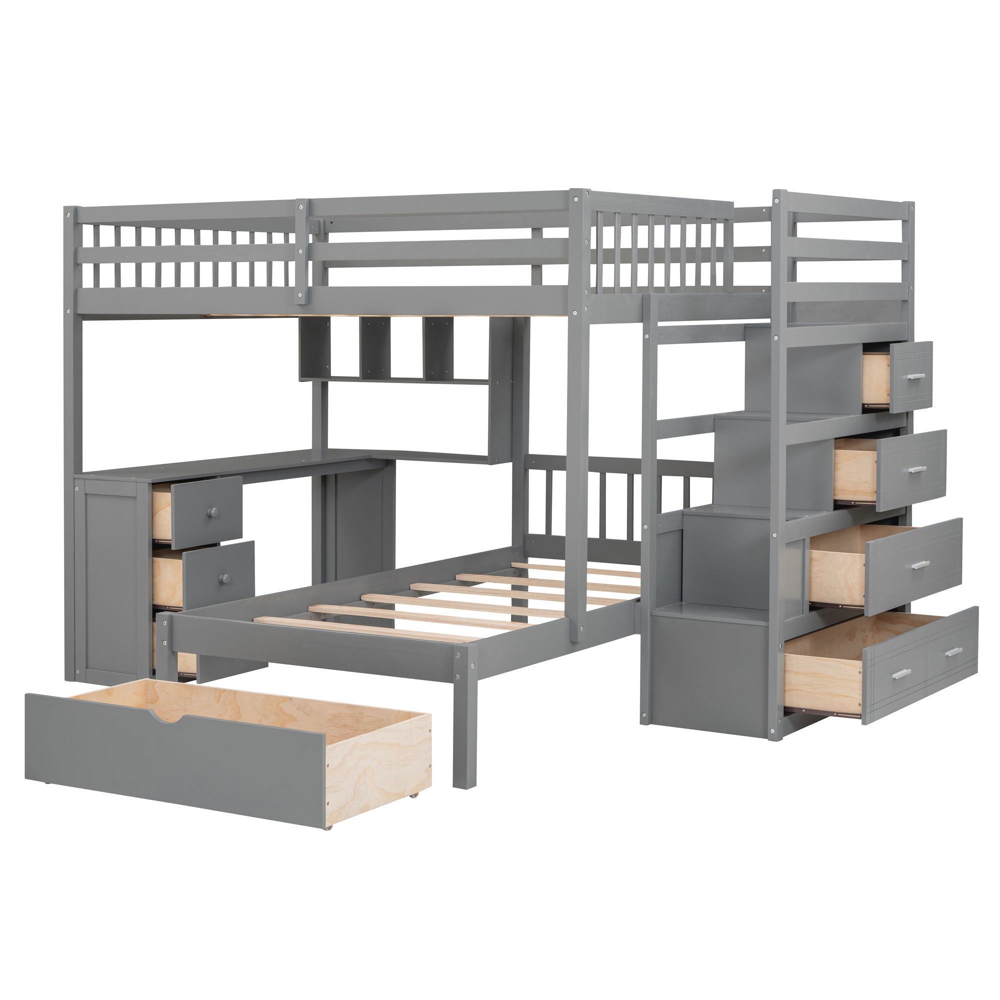 Full Over Twin Bunk Bed With Desk, Drawers And Shelves - Gray