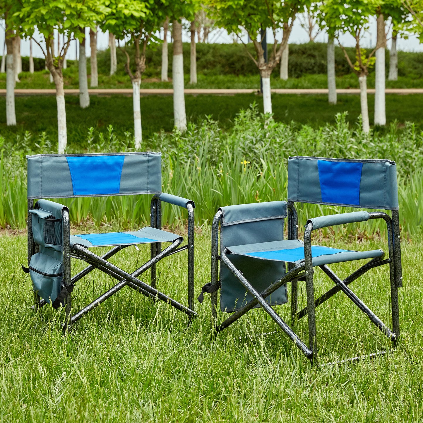 Padded Folding Outdoor Chairs With Storage Pockets (Set of 2), Lightweight Oversized Directors Chair For Indoor, Outdoor Camping, Picnics And Fishing - Blue / Gray