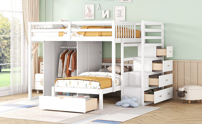 Full Over Twin Bunk Bed With Wardrobe, Drawers - White