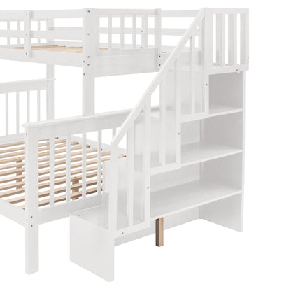 Twin Over Full Stairway Bunk Bed With Drawer, Storage And Guard Rail For Bedroom - White
