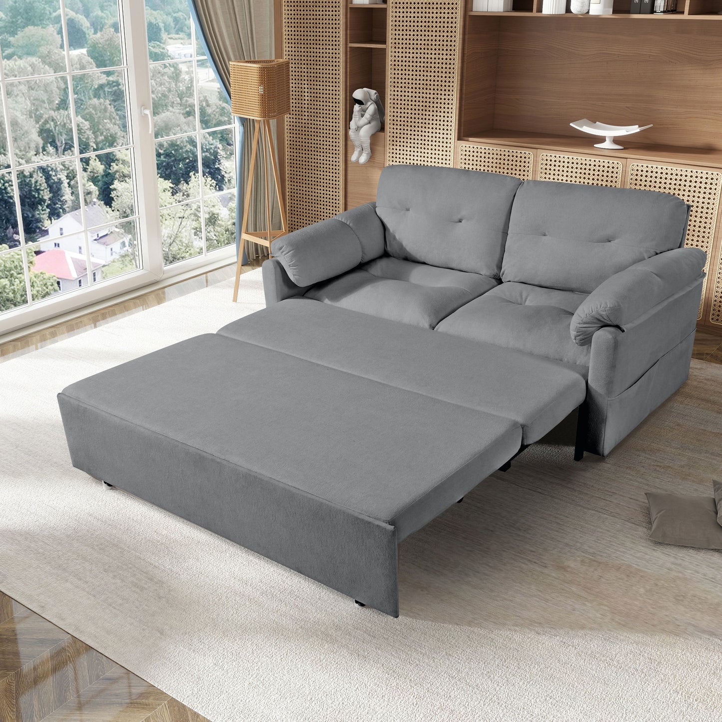 Modern Convertible Sleeper Sofa Bed With Pull Out Queen Design, Side Storage & Thick Cushions Chenille Loveseat For Living Room Or Bedroom 3 In 1 Function - Gray
