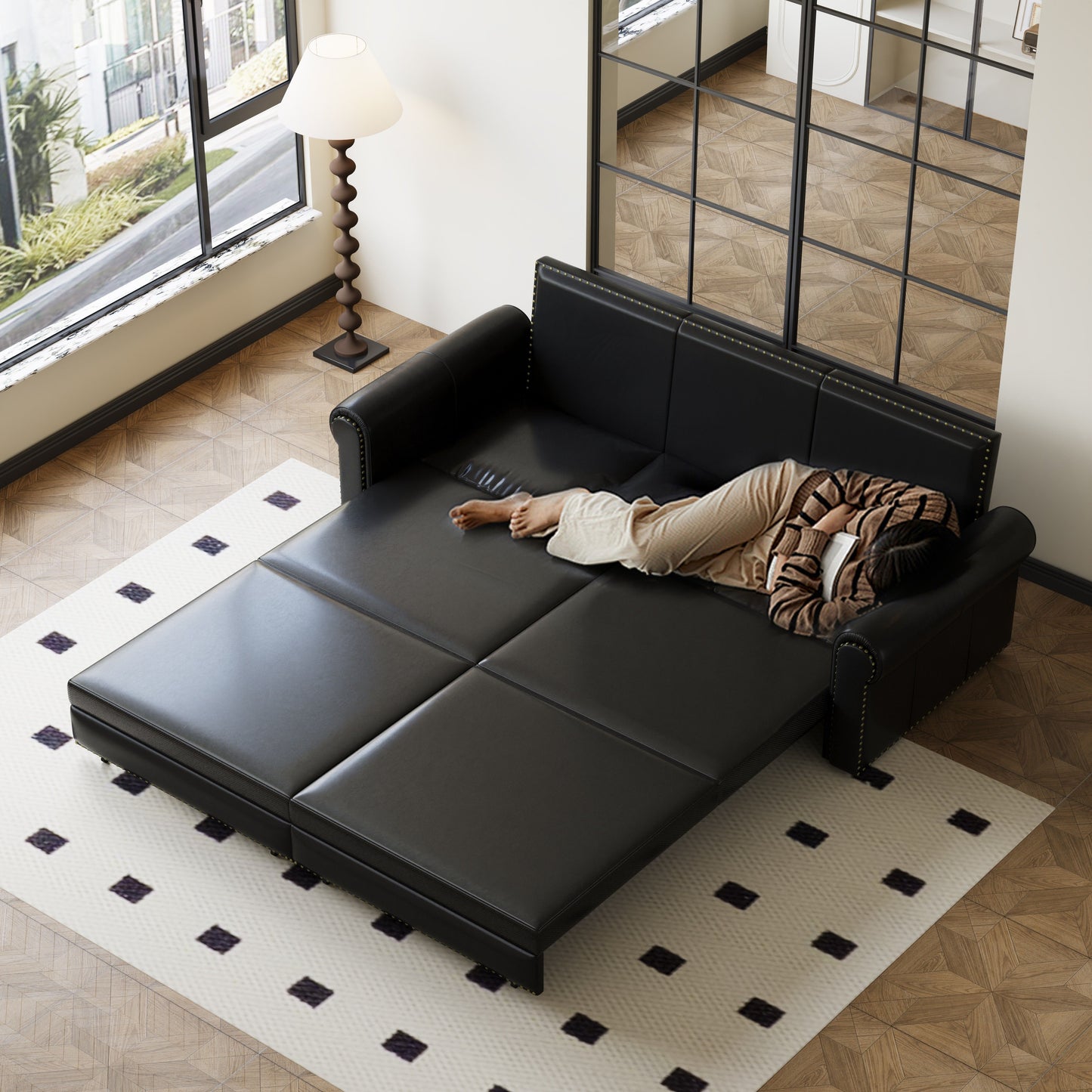 Pull Out Sofa Bed, 3 In 1 Faux Leather Convertible Sleeper Sofa With Nailhead Trim & Rolled Arm Multifunctional Sofa Bed For Living Room - Black