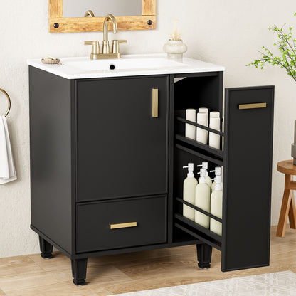 Modern Solid Wood And 24" Bathroom Vanity With Sink, Deep Drawer, Door Shelf, 2 Tier Basket - Black