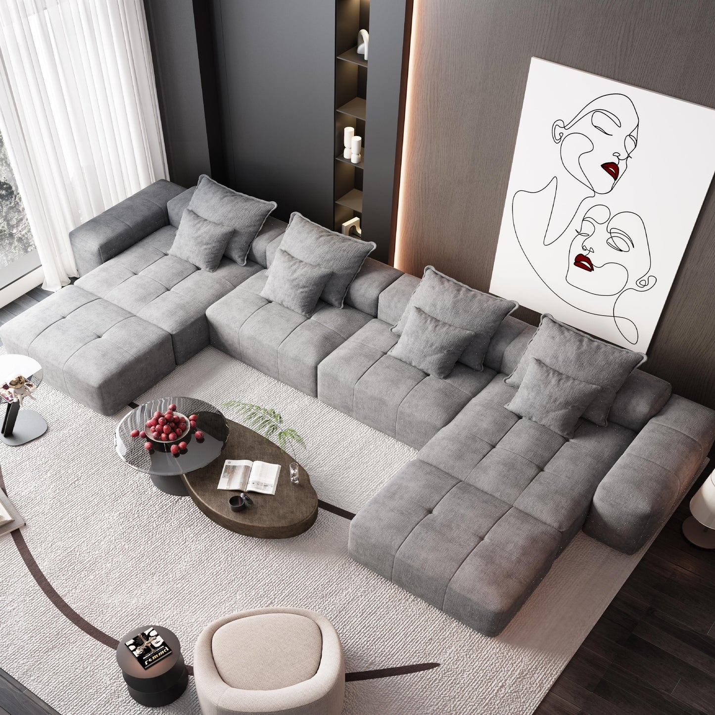 Modern Oversized Modular Sectional Sofa, Sparkling Chenille Fabric Soft Cushion Sofa With 8 Pillows, 8 Pieces Diy Combination Tufted Sofa, No Assembly Required - Gray