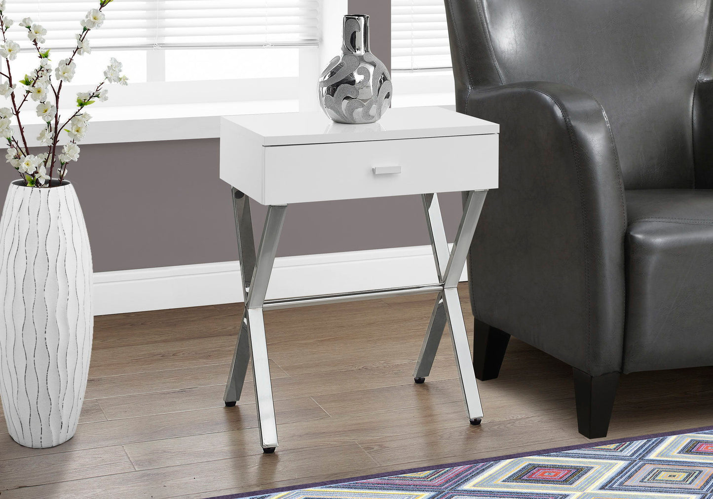 Accent Side Table, Storage Drawer, Glossy Contemporary And Modern - White
