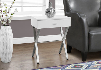 Accent Side Table, Storage Drawer, Glossy Contemporary And Modern - White