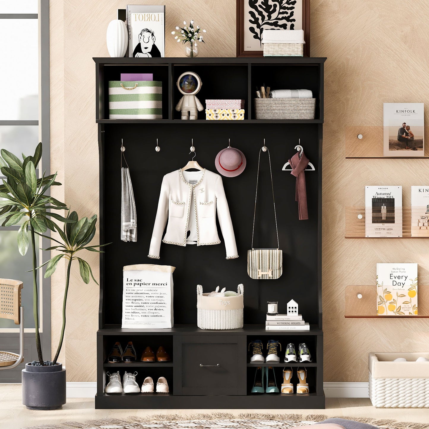 Hall Tree With 6 Hooks, Coat Hanger, Entryway Bench, 3 In 1 Design, A Spacious Drawer For Entrance, Living Room - Black