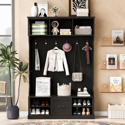 Hall Tree With 6 Hooks, Coat Hanger, Entryway Bench, 3 In 1 Design, A Spacious Drawer For Entrance, Living Room - Black