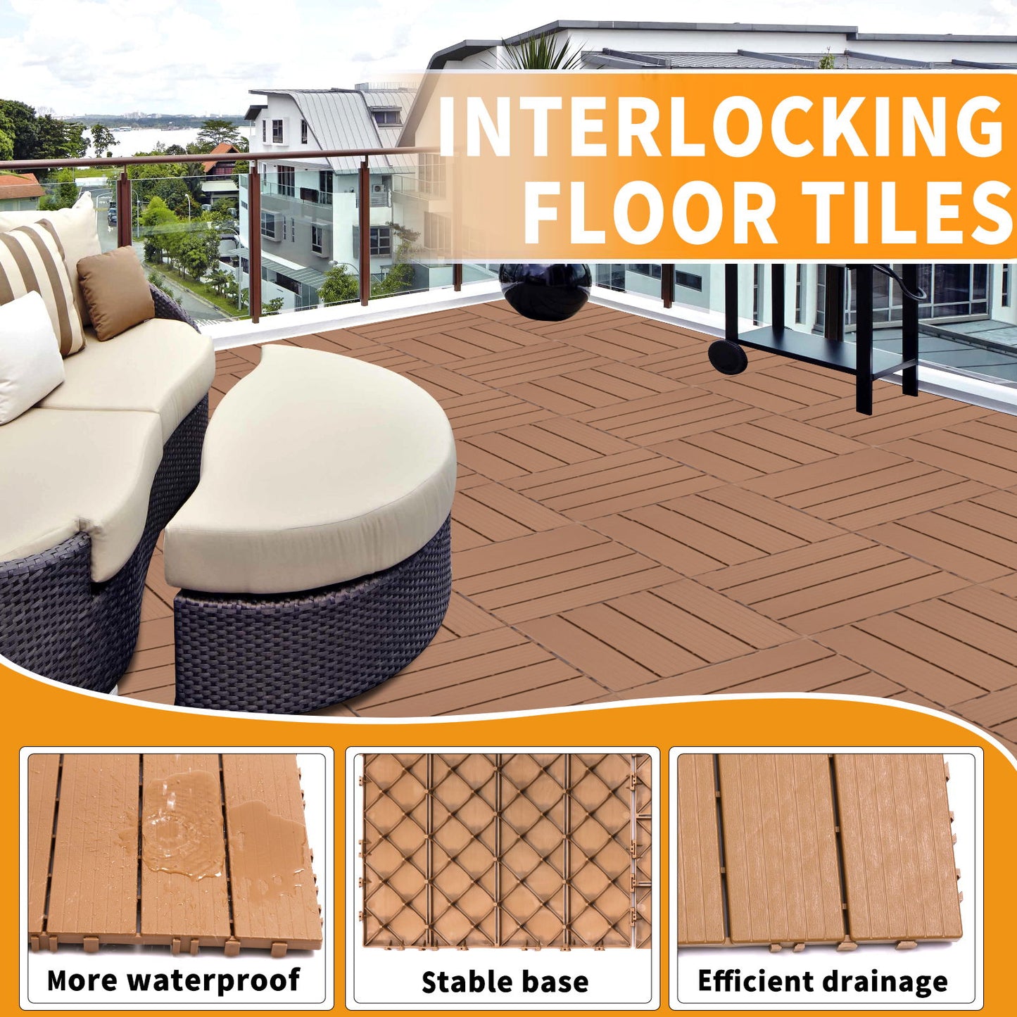 Plastic Interlocking Deck Tiles, (Set of 44), Patio Flooring Outdoor Waterproof All Weather Use For Garden Poolside Front / Back Yard - Burlywood