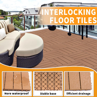 Plastic Interlocking Deck Tiles, (Set of 44), Patio Flooring Outdoor Waterproof All Weather Use For Garden Poolside Front / Back Yard - Burlywood