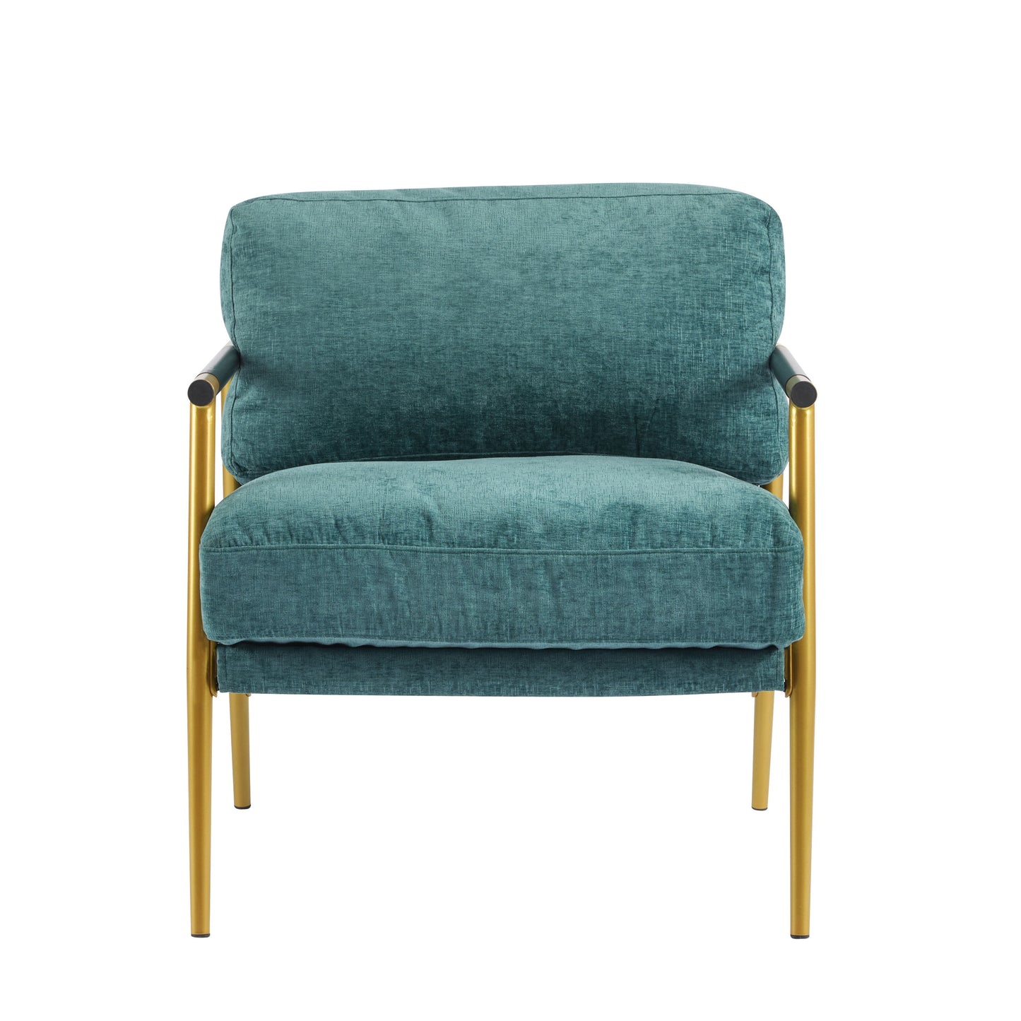 Modern Accent Chair With Plush Cushions, Metal Frame, Wooden Armrests Cozy Seating For Living Room, Bedroom, Office - Gold / Teal Blue