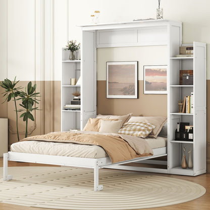 Full Size Murphy Wall Bed With Shelves And LED Lights - White