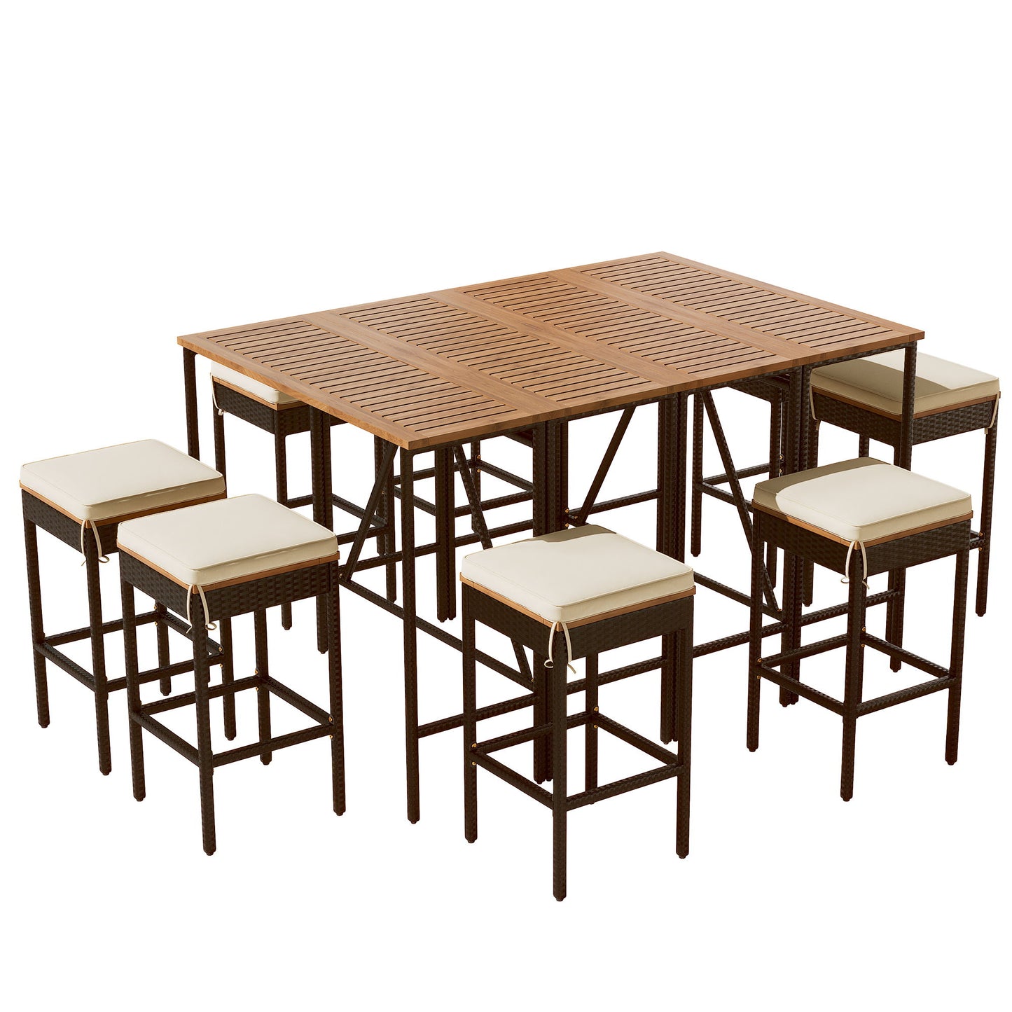 10 Piece Outdoor Acacia Wood Bar Height Table And 8 Stools With Cushions, Garden Wicker Dining Table, Foldable Tabletop, High Dining Bistro Set, All-Weather Patio Furniture - Brown