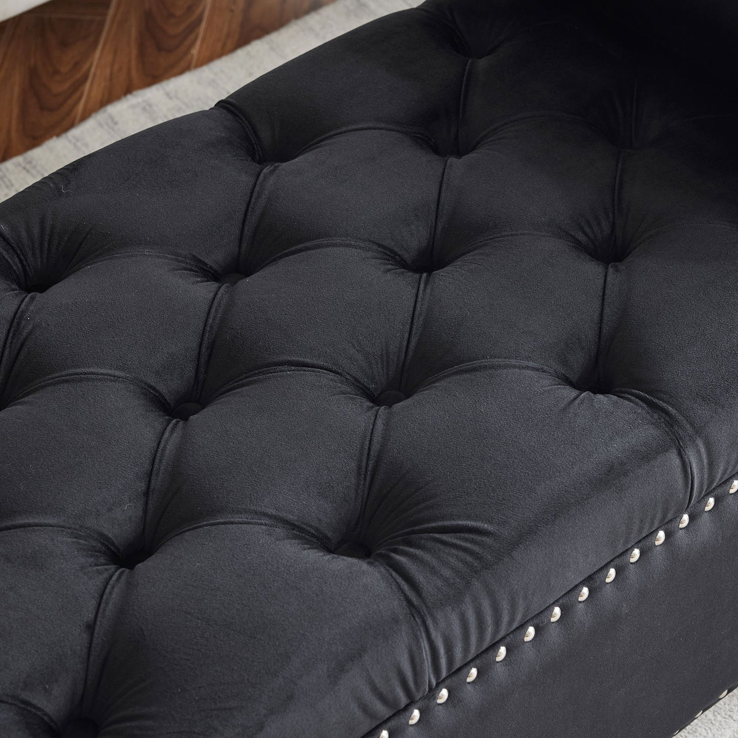 Storage Bench, Queen Velvet Button Bedside Bench, Entryway Living Room With Armrests, Nailhead Trim, Upholstered Bedroom Bench, Bedside Ottoman, Living Room, Entryway - Black