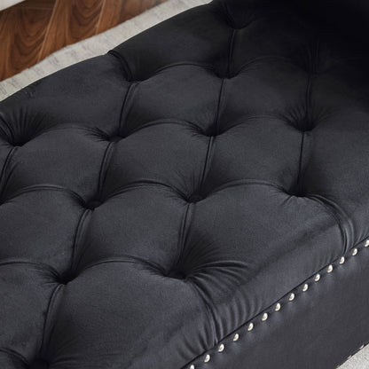 Storage Bench, Queen Velvet Button Bedside Bench, Entryway Living Room With Armrests, Nailhead Trim, Upholstered Bedroom Bench, Bedside Ottoman, Living Room, Entryway - Black