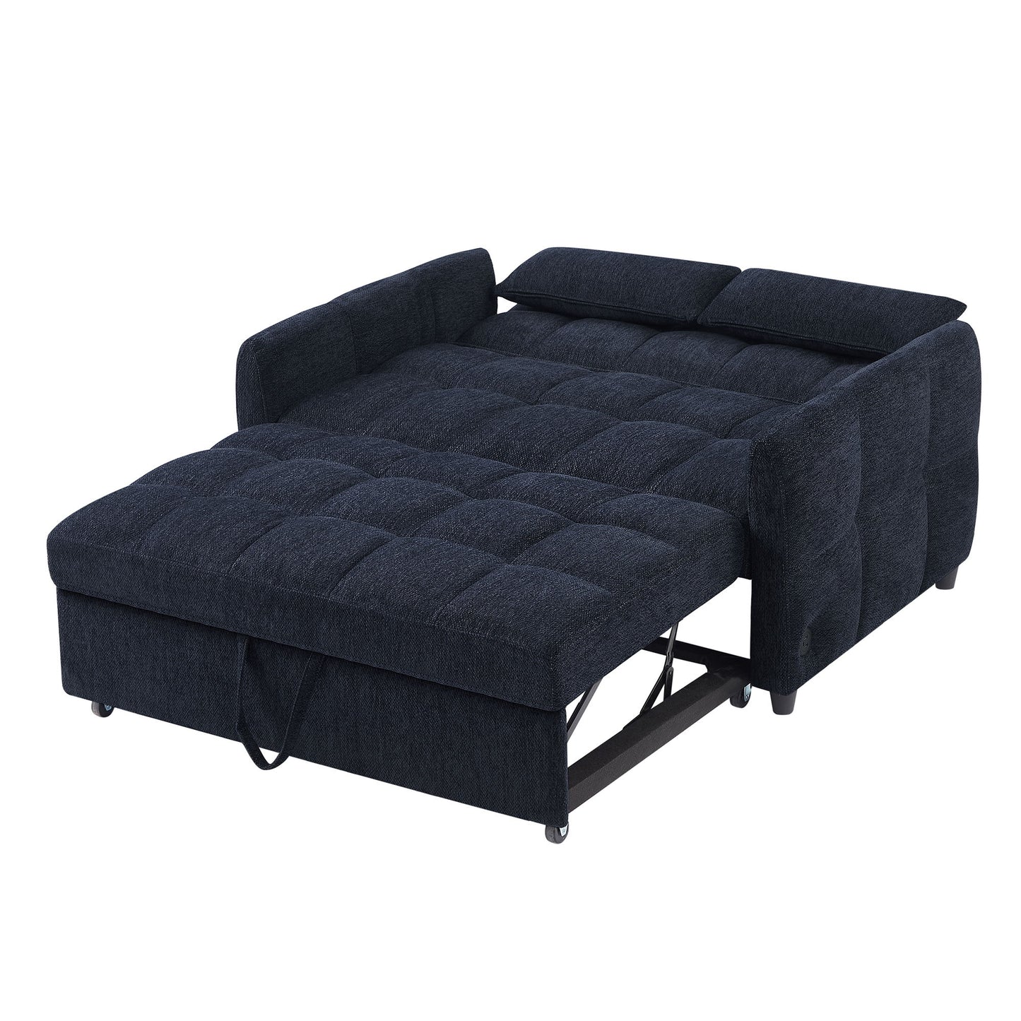 Loveseat Sofa Pull Out Sofa Bed Tufted Sleeper Sofa With An Adjustable Backrest, 3 USB Ports And 2 Lumbar Pillows For Living Room - Blue