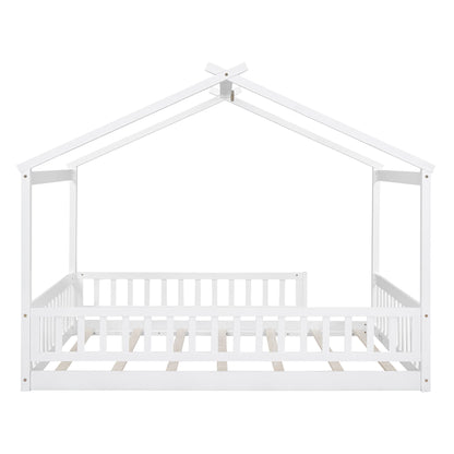 Full Size Bed House Bed Frame & Fence - White