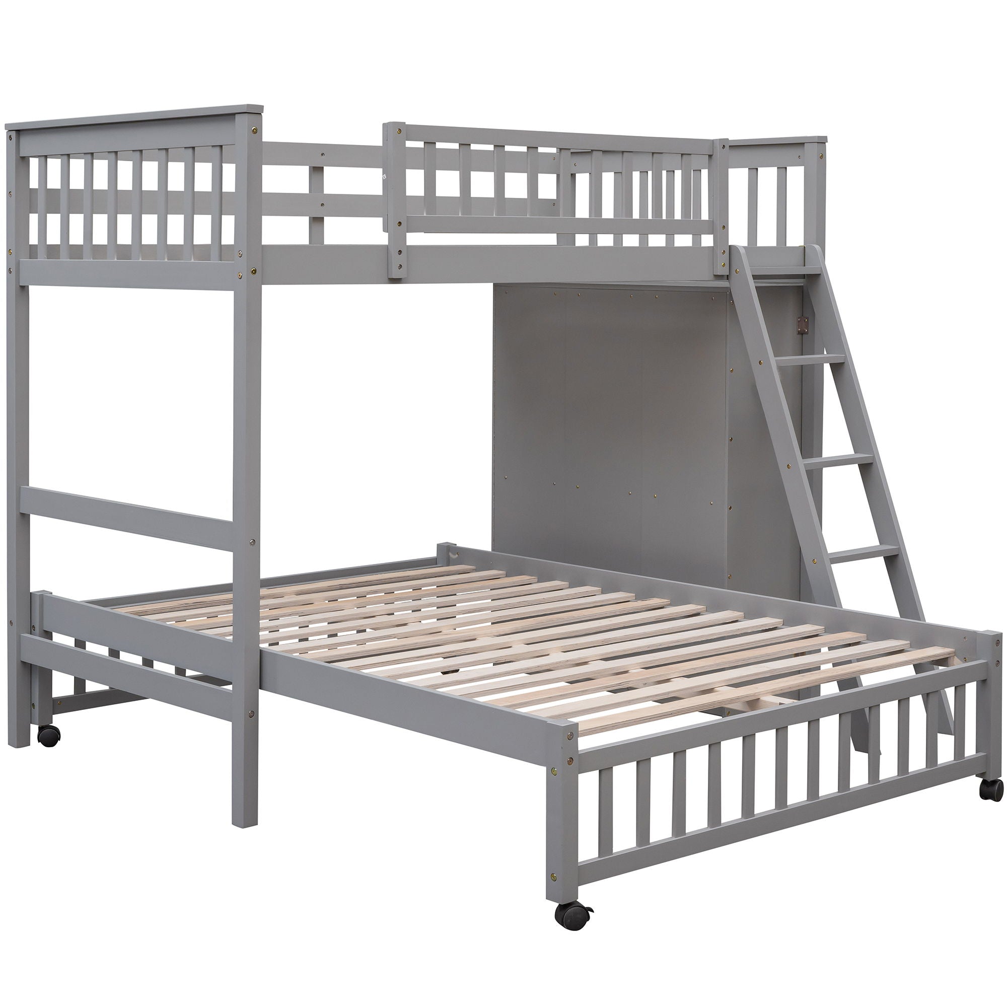 Twin Over Full Bunk Bed With 6 Drawers And Flexible Shelves, Bottom Bed With Wheels - Gray