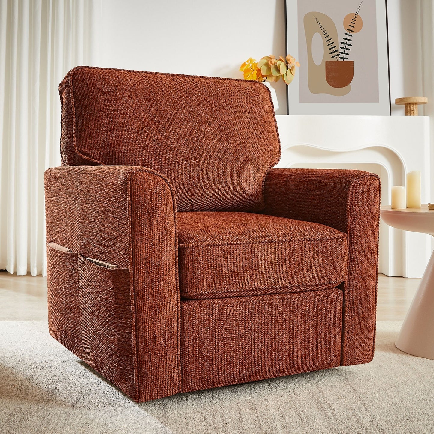 360 Degree Swivel Chair Accent Barrel Armchair With Side Pockets - Red