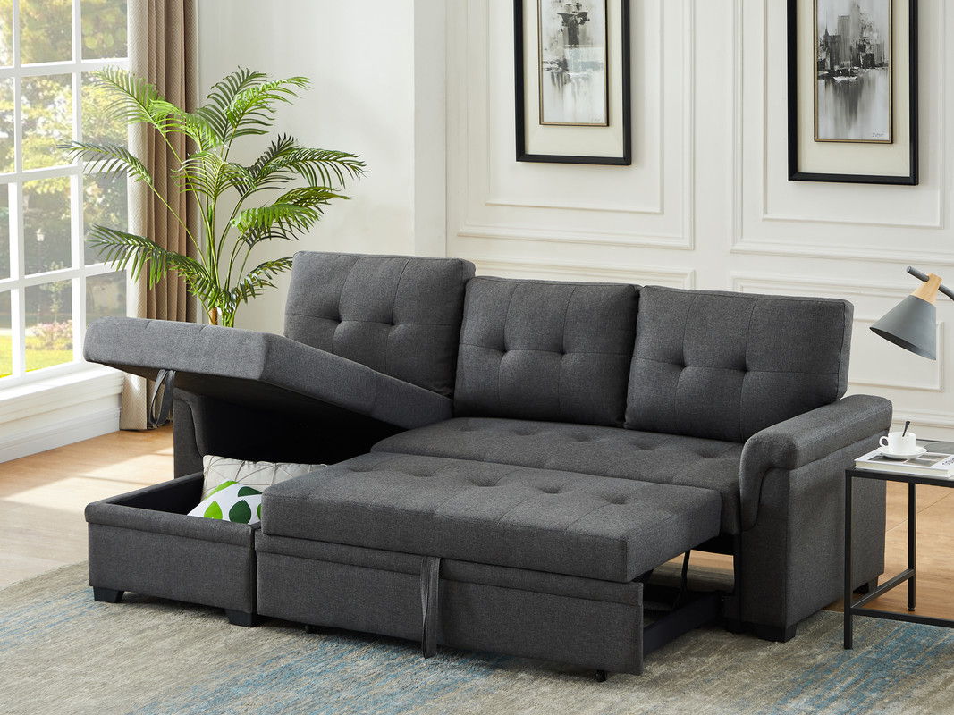 Destiny - Linen Reversible Sleeper Sectional Sofa With Storage Chaise - Dark Gray