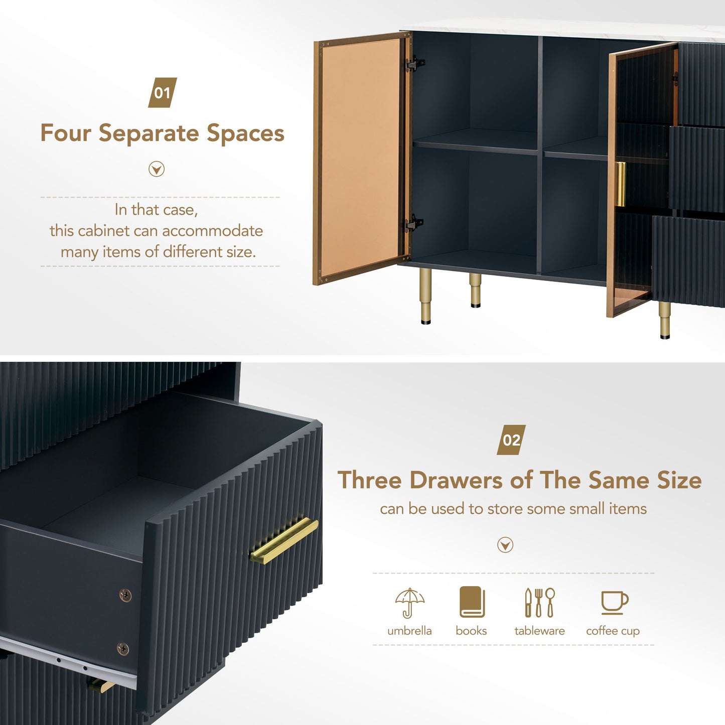 Modern Sideboard Buffet Cabinet Marble Sticker Tabletop And Amber-Yellow Tempered Glass Doors With Gold Metal Legs & Handles - Navy Blue