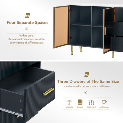 Modern Sideboard Buffet Cabinet Marble Sticker Tabletop And Amber-Yellow Tempered Glass Doors With Gold Metal Legs & Handles - Navy Blue