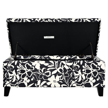 Luxury Storage Ottoman With Floral Patterned Fabric, Soft Close Hinges, Multi Functional Footrest & Seat - Black Floral / White