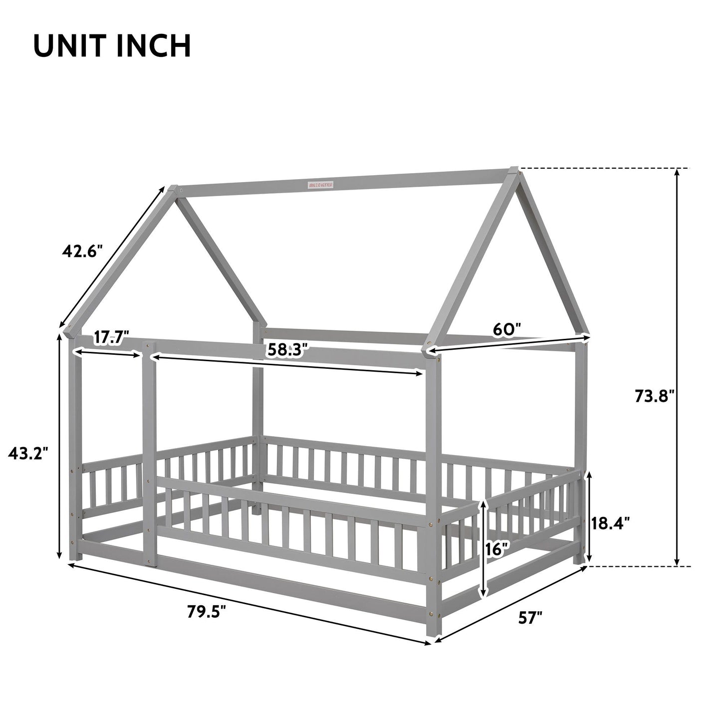 Full Size Floor Wooden Bed With House Roof Frame, Fence Guardrails - Gray